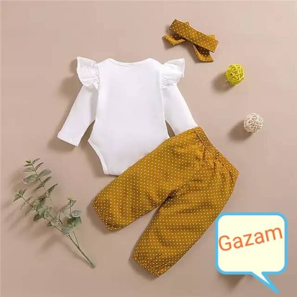 Girls Clothing Sets Fall Petal Full Sleeve Cotton Top +Dot Pants + Headband 3Pcs. - Image 2