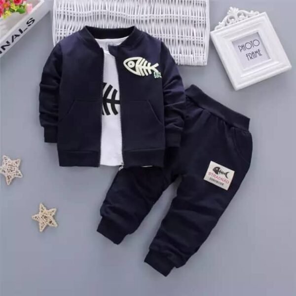 3 Pieces Boys Clothing Set. Shirt+Zipper Coat+Pants Fish Painting