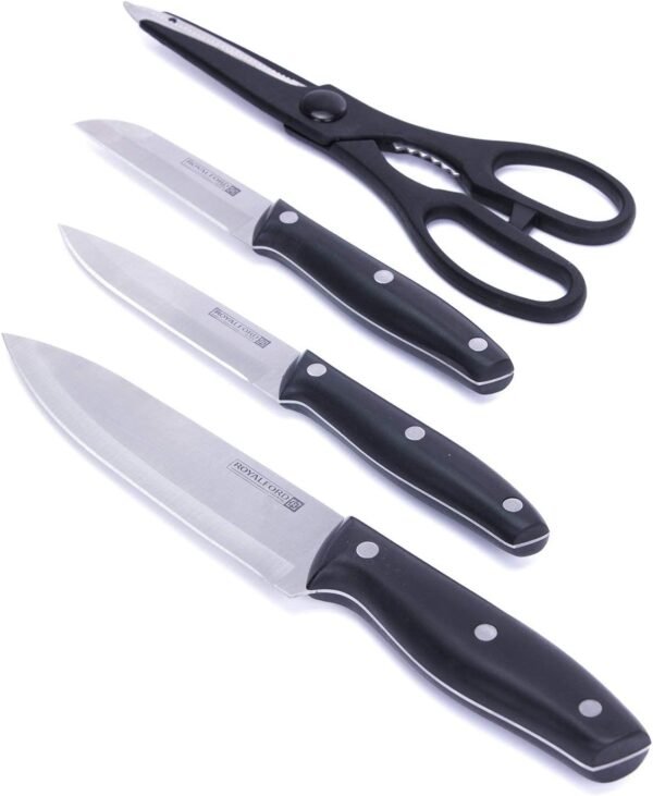 Royalford 5Pcs Kitchen Tool Set - Potable Block, Stainless Steel, Black, 3 Piece Knife, Kitchen Knife Utensil Set with Scissor and Knife Block - Image 9