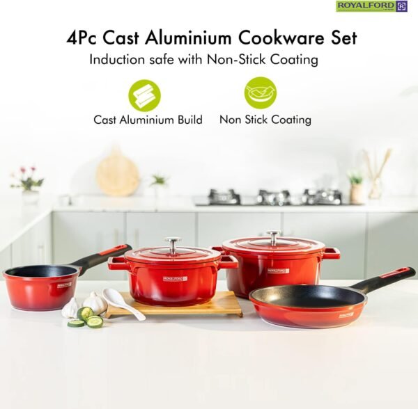 Royalford 6piece Cast Aluminium Cookware Set, Red, Cast Aluminium, Non Stick Coated Interior, Fry Pan, Casserole, Saucepan, Model RF9845 - Image 4