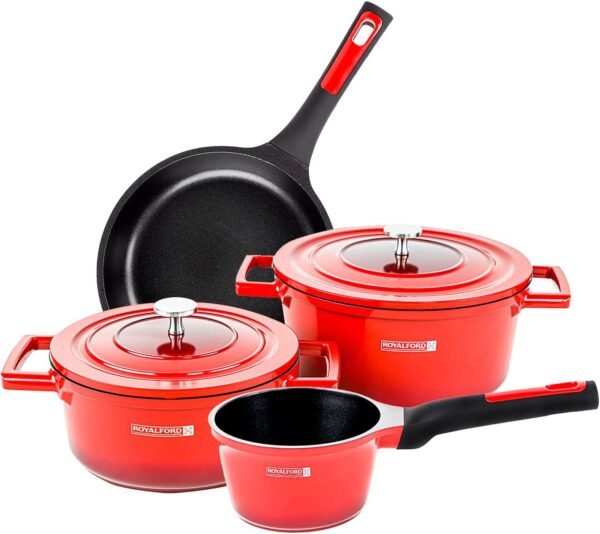 Royalford 6piece Cast Aluminium Cookware Set, Red, Cast Aluminium, Non Stick Coated Interior, Fry Pan, Casserole, Saucepan, Model RF9845