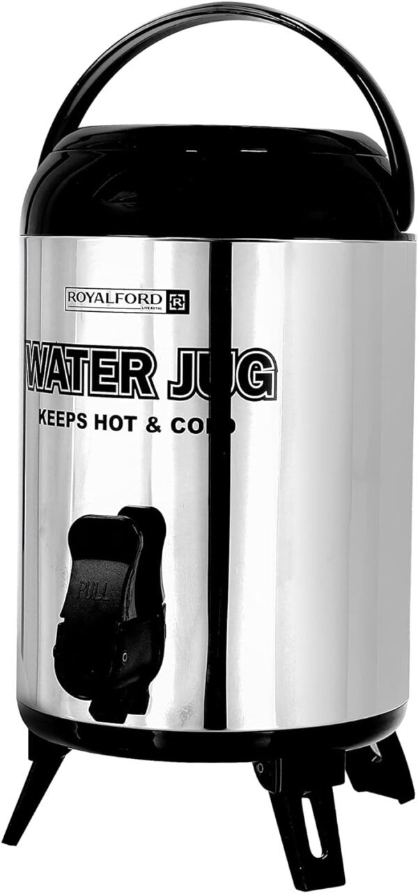 Royalford Supreme Thermos Flask, Double Wall Stainless Steel, 3.80L, Pu Foam Insulation, Keeps Drink Hot Or Cold 410 Ss Body & 201 Inner Carry Handle, Collapsible Feet, Multi, Model Rf10213