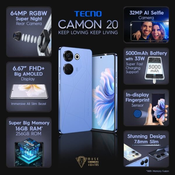 TECNO Camon 20 (Serenity Blue, 8GB RAM,256GB Storage)|16GB Expandable RAM | 64MP RGBW Rear Camera|6.67 FHD+ Big AMOLED with in-Display Fingerprint Sensor - Image 7