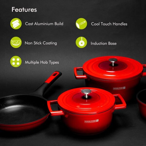 Royalford 6piece Cast Aluminium Cookware Set, Red, Cast Aluminium, Non Stick Coated Interior, Fry Pan, Casserole, Saucepan, Model RF9845 - Image 2