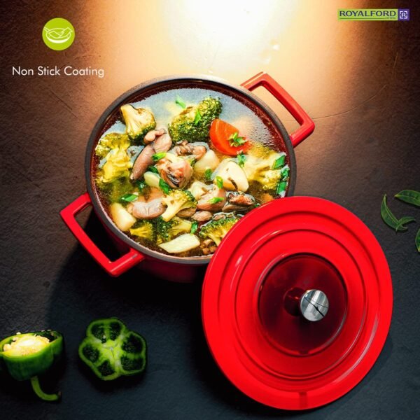 Royalford 6piece Cast Aluminium Cookware Set, Red, Cast Aluminium, Non Stick Coated Interior, Fry Pan, Casserole, Saucepan, Model RF9845 - Image 9