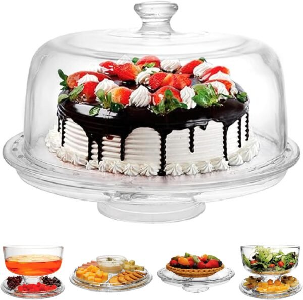 Royalford Tebery 3-in-1 Acrylic Cake Stand Cake Plate with 12”Dome Multi-Function Serving Platter, Salad & Punch Bowl