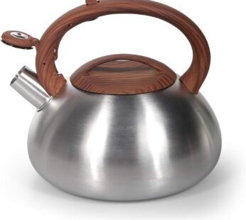 Royalford 3L Whistling Kettle Portable Design Whistling Tea Kettle with Heat Wooden Finish Lid & Handle Ergonomic Pouring Spout Compatible with Gas, Induction, Hot Plate, Silver, Model RF9669