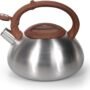 Royalford 3L Whistling Kettle Portable Design Whistling Tea Kettle with Heat Wooden Finish Lid & Handle Ergonomic Pouring Spout Compatible with Gas, Induction, Hot Plate, Silver, Model RF9669